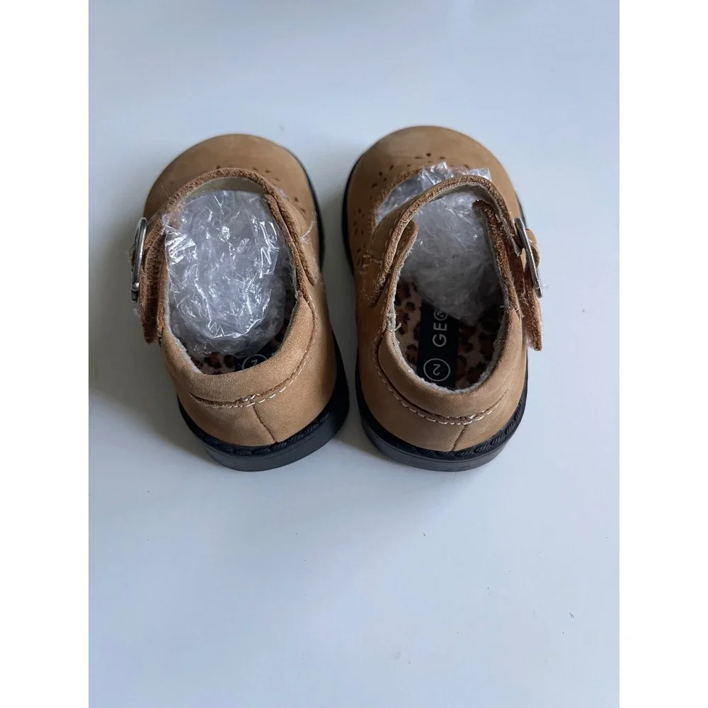 George Regan Tan Leather Mary Jane Shoe Toddler Girls Size2 Leopard Print Lining